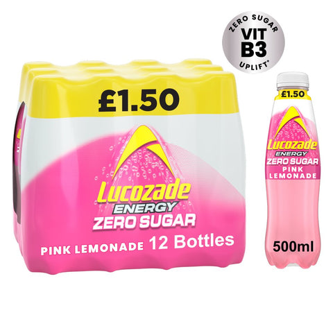 Lucozade Zero Sugar Drink Pink Lemonade 500ml - Pack of 12